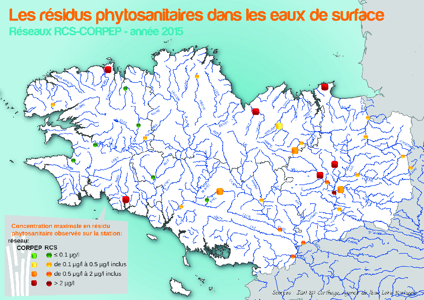 Qualité des eaux vis-à-vis des pesticides dans les eaux de surface en 2015 - Réseaux RCS et Corpep - Bilan de l'eau Dreal Bretagne