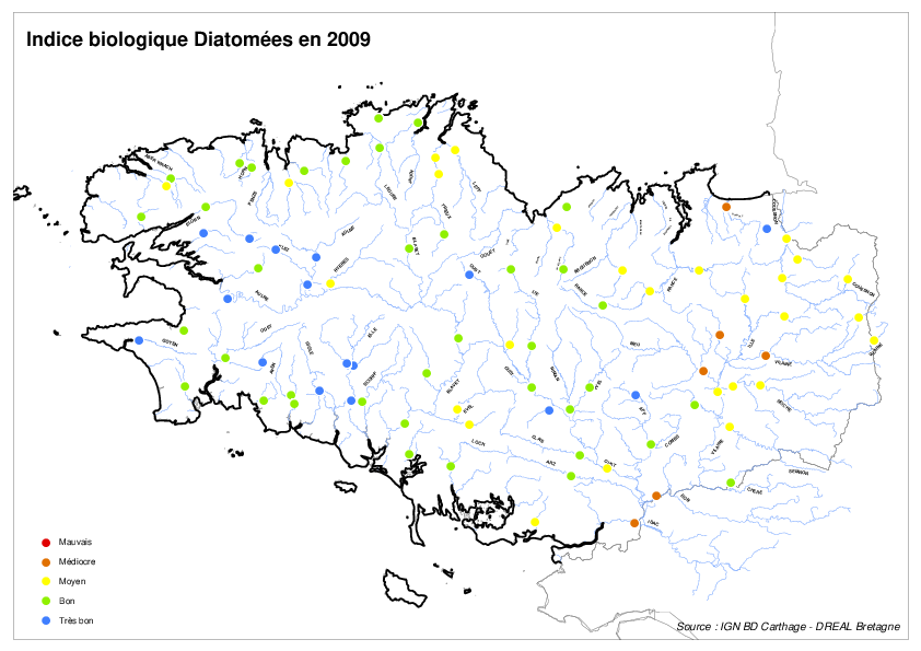 Qualité des cours d'eau bretons vis-à-vis de l'indice diatomées (IBD) en 2009 - Réseau RCS - Bilan de l'eau Dreal Bretagne