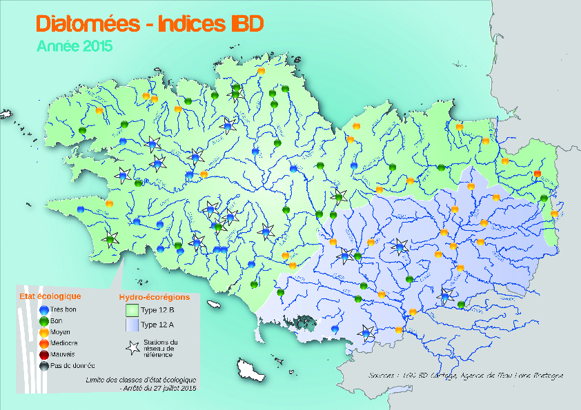 Qualité des cours d'eau bretons vis-à-vis de l'indice diatomées (IBD) en 2015 - Réseau RCS - Bilan de l'eau Dreal Bretagne