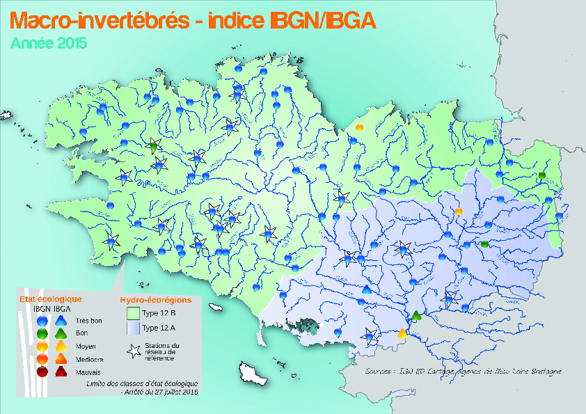 Qualité des cours d'eau bretons vis-à-vis de l'indice macro-invertébrés (IBGN) en 2015 - Réseau RCS - Bilan de l'eau Dreal Bretagne