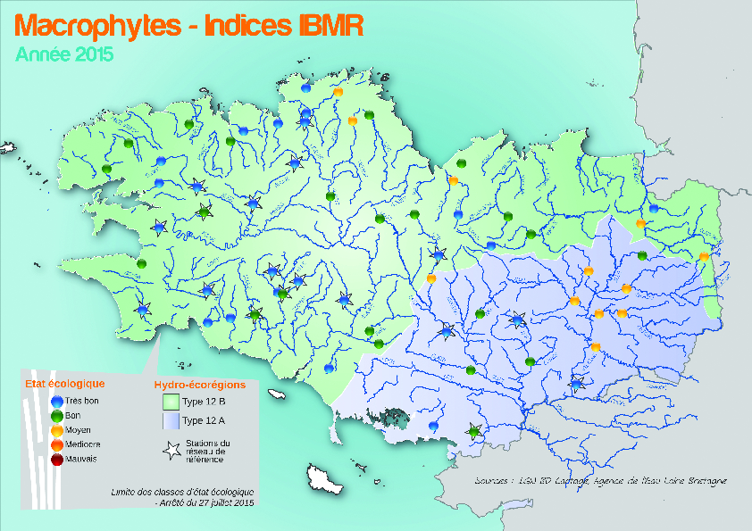 Qualité biologique des cours d'eau bretons selon l'indice macrophytique (IBMR) en 2015 - Réseau RCS - Bilan de l'eau Dreal Bretagne
