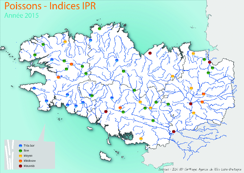 Qualité des cours d'eau bretons vis-à-vis de l'indice poissons (IPR) en 2015 - Réseau RCS - Bilan de l'eau Dreal Bretagne