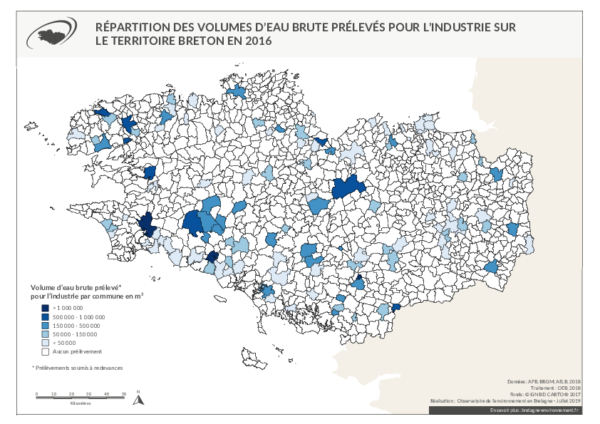 Prélèvement d'eau brute industrie en 2016