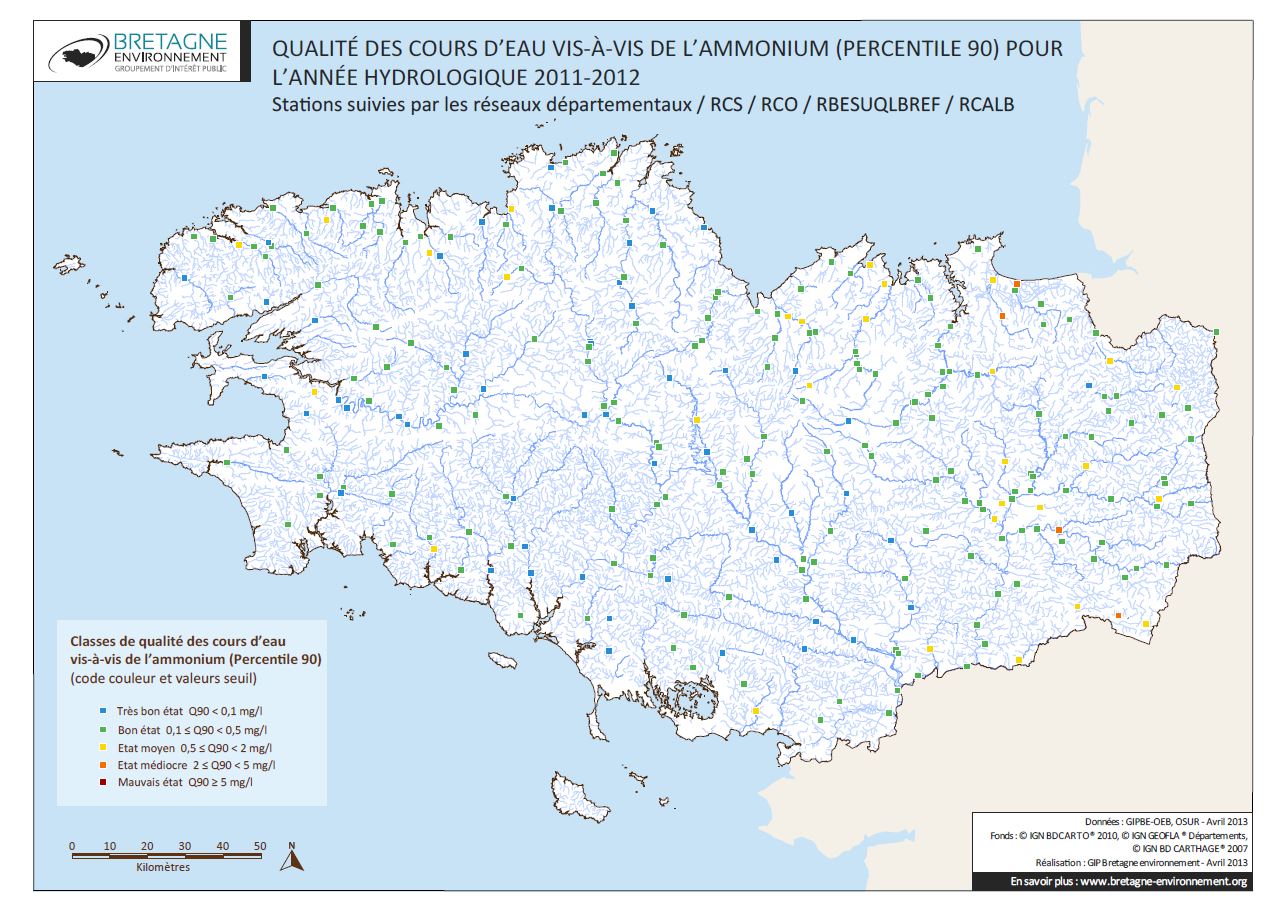 Qualité des cours d'eau bretons vis-à-vis l'ammonium (Q90) - année hydrologique 2011/2012