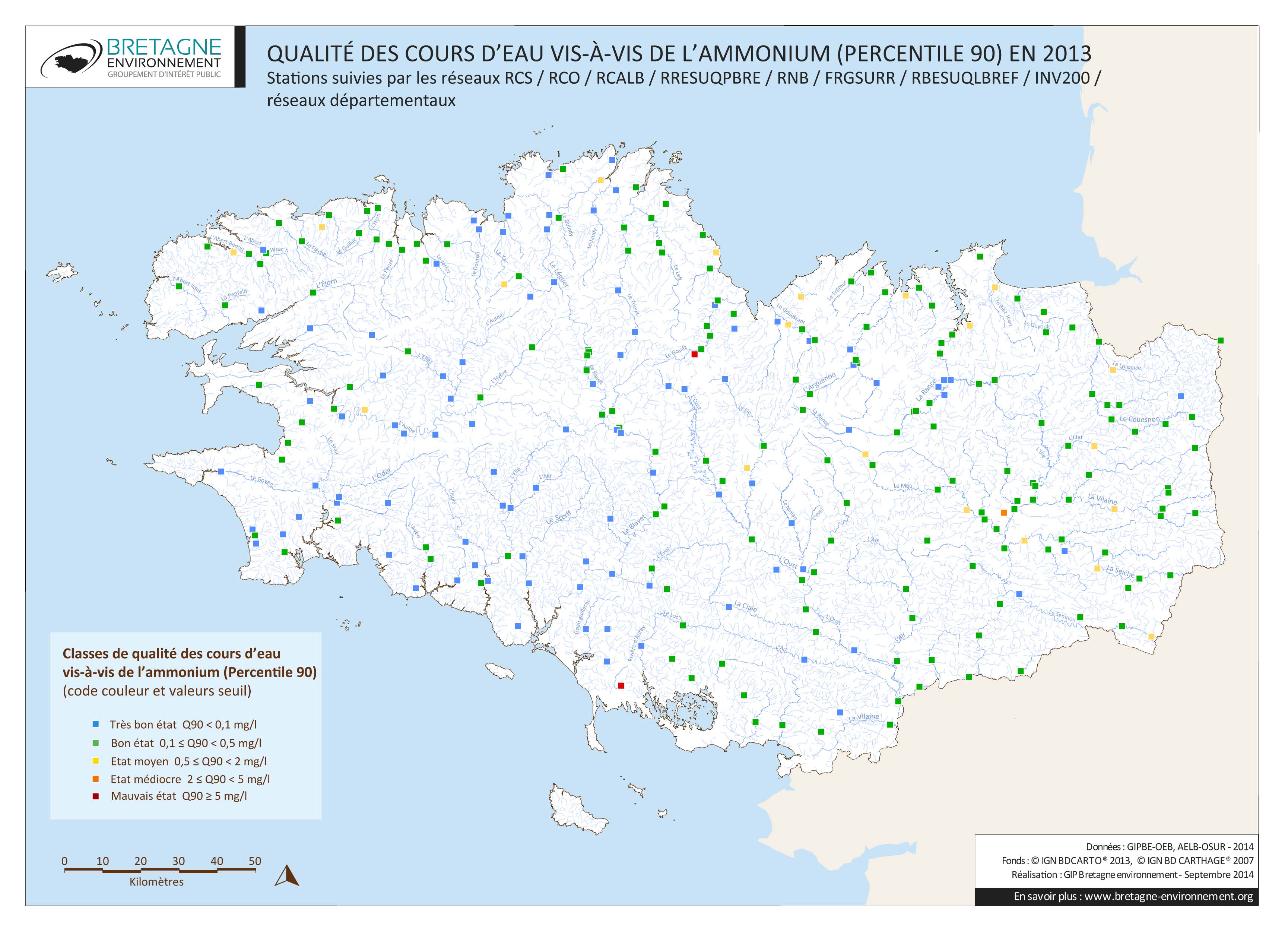 Qualité des cours d'eau bretons vis-à-vis de l'ammonium (Q90) en 2013