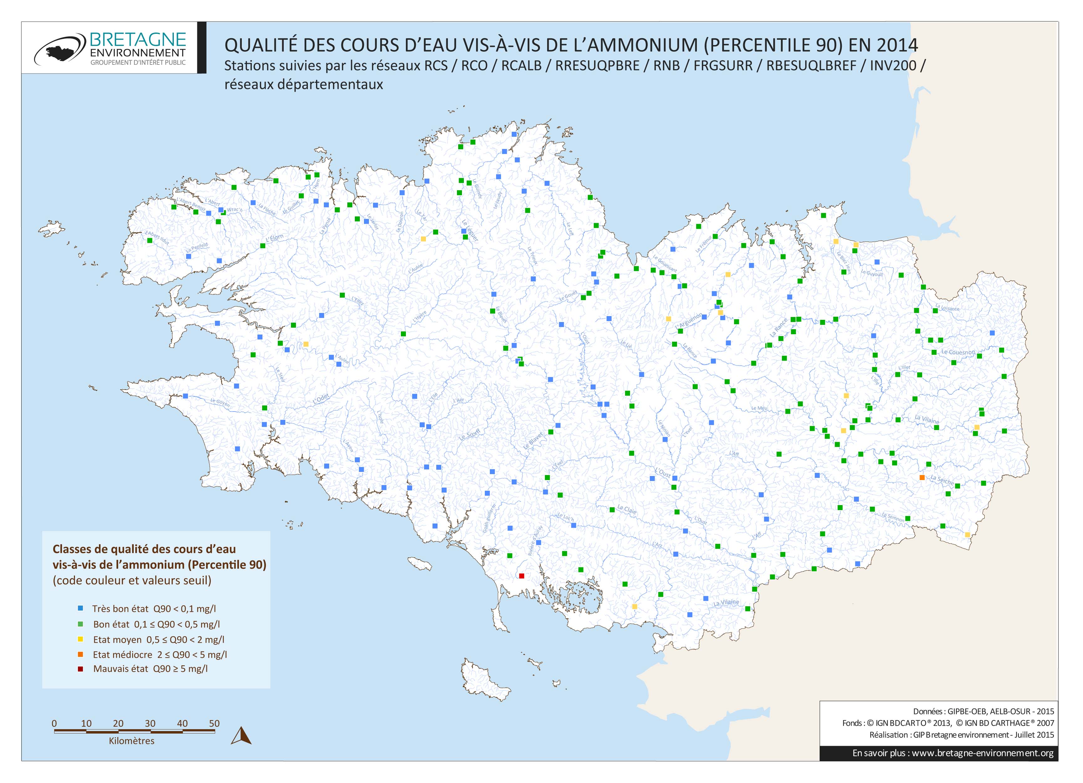 Qualité des cours d'eau bretons vis-à-vis de l'ammonium (Q90) en 2014