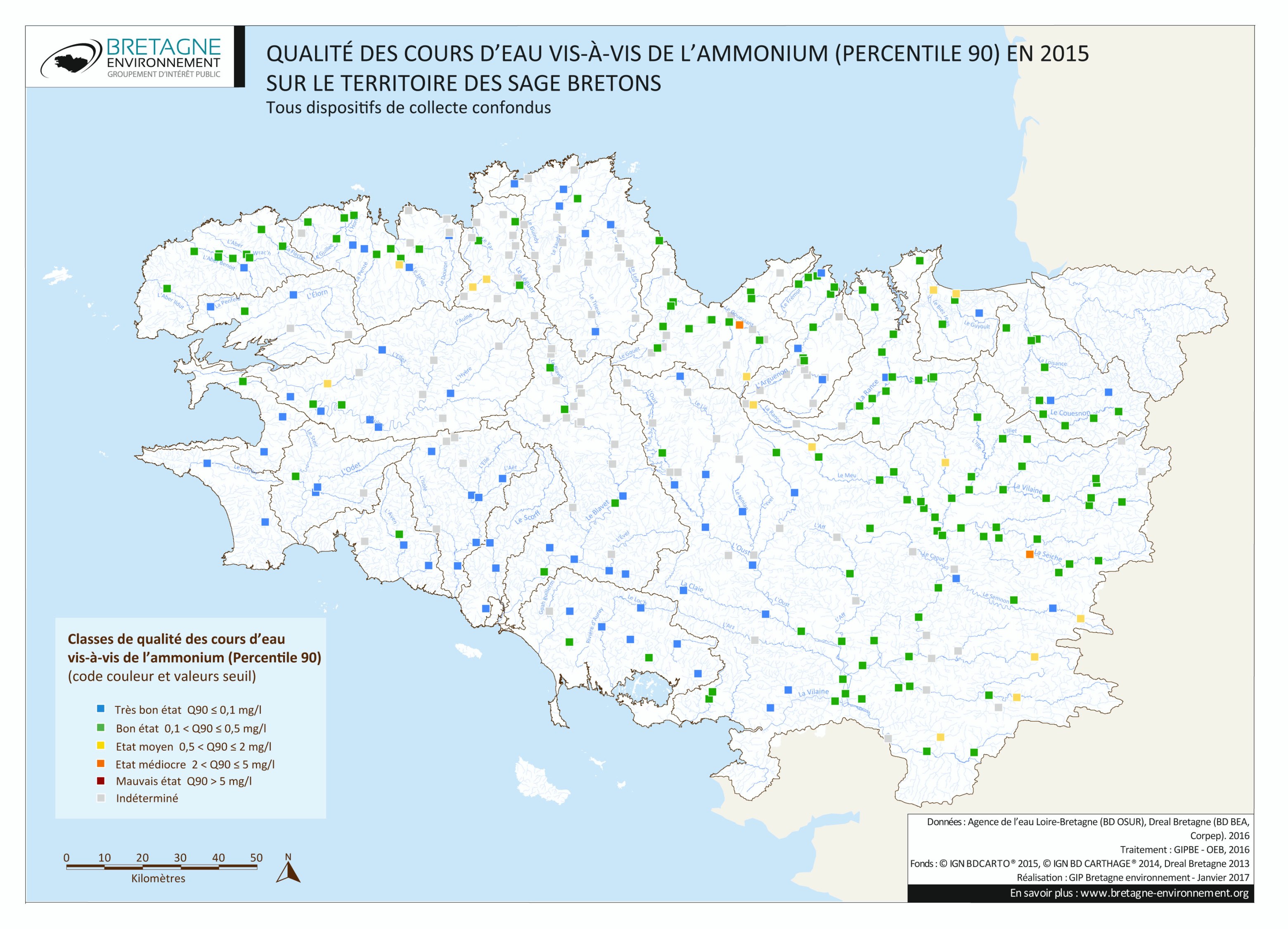 Qualité des cours d'eau bretons vis-à-vis de l'ammonium (Q90) en 2015