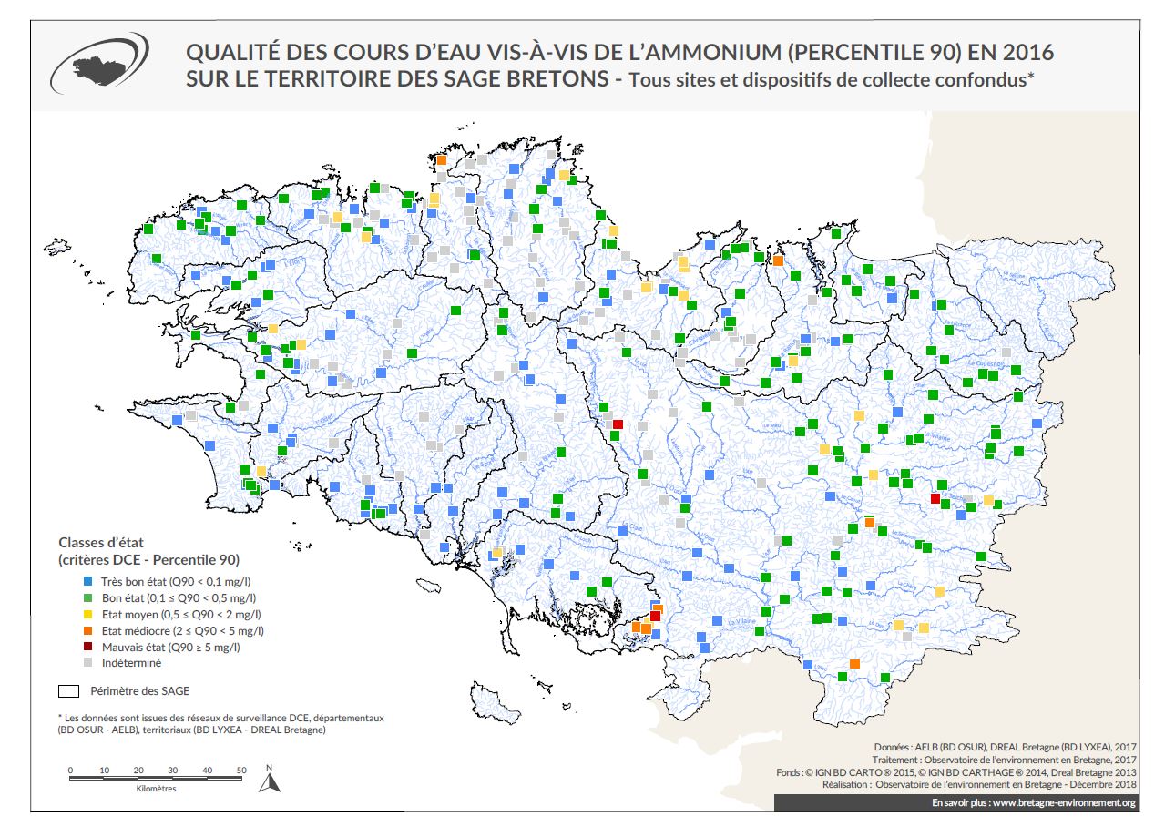 Qualité des cours d'eau bretons vis-à-vis de l'ammonium (Q90) en 2016