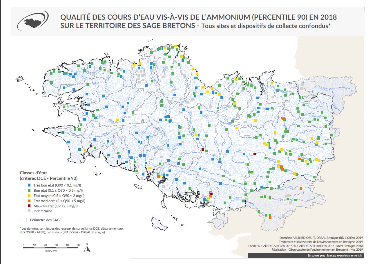Qualité des cours d'eau bretons vis-à-vis de l'ammonium (Q90) en 2018