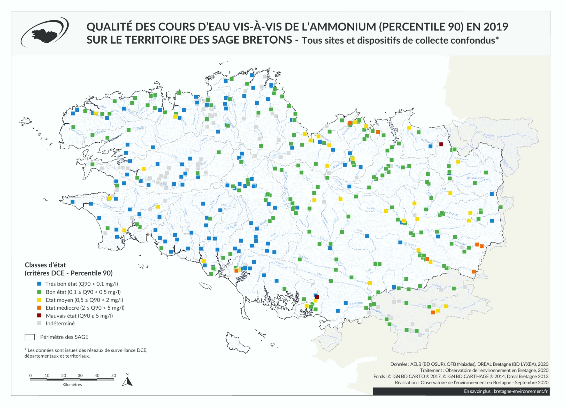 Qualité des cours d'eau bretons vis-à-vis de l'ammonium (Q90) en 2019