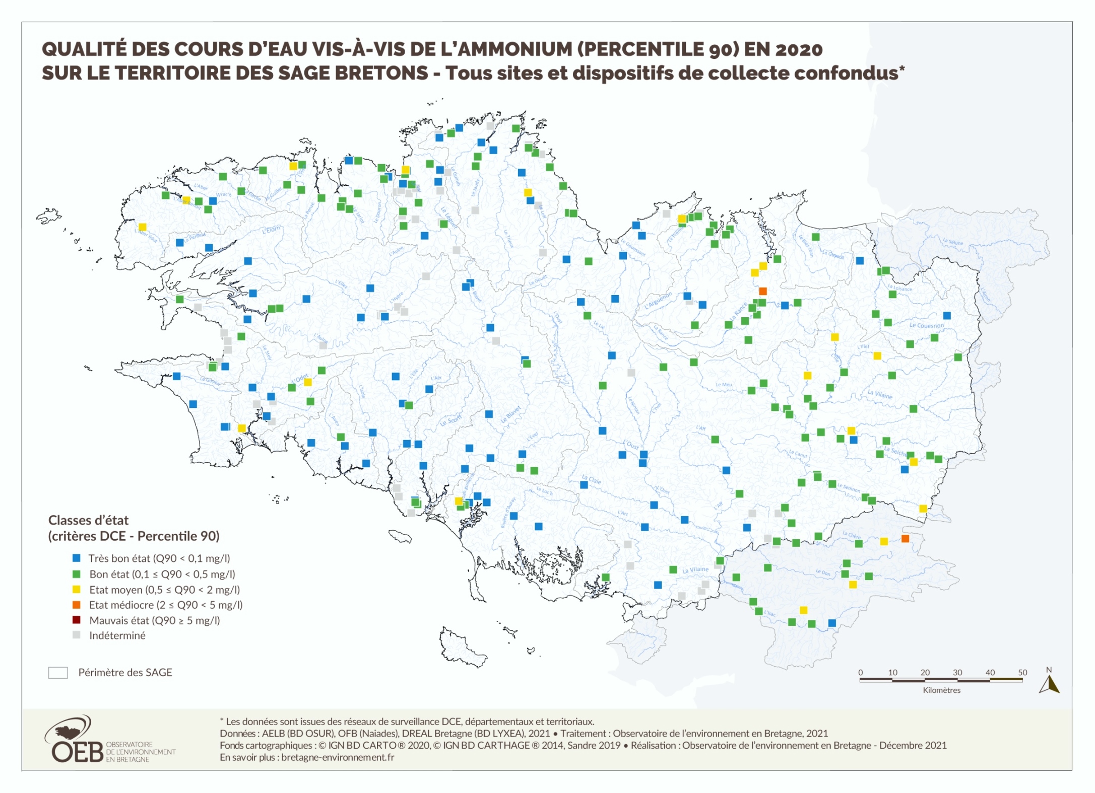 Qualité des cours d'eau bretons vis-à-vis de l'ammonium (Q90) en 2020