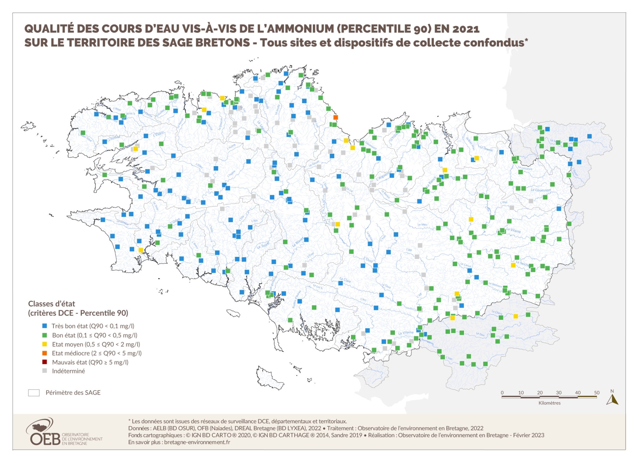 Qualité des cours d'eau bretons vis-à-vis de l'ammonium (Q90) en 2021