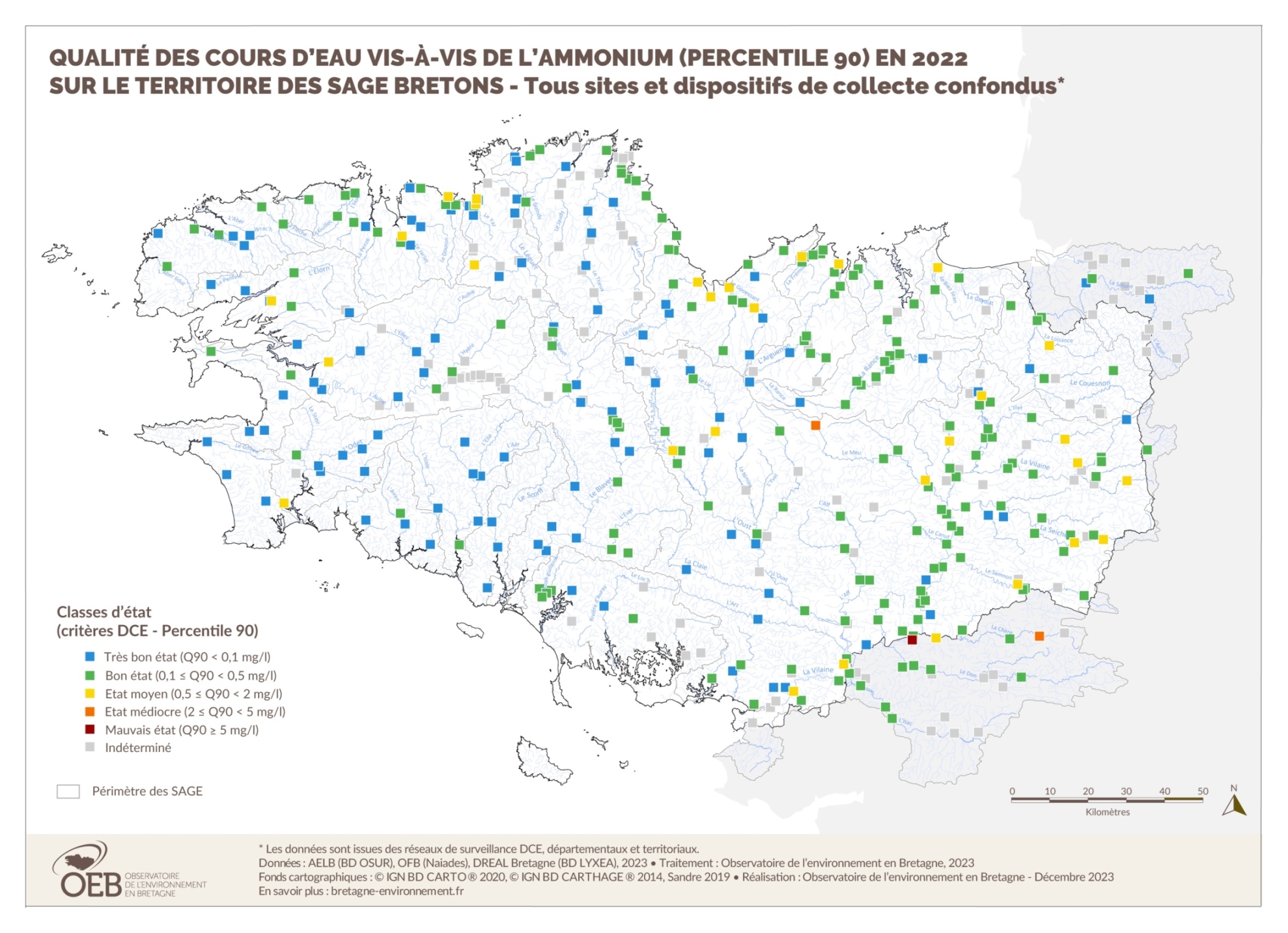 Qualité des cours d'eau bretons vis-à-vis de l'ammonium (Q90) en 2022