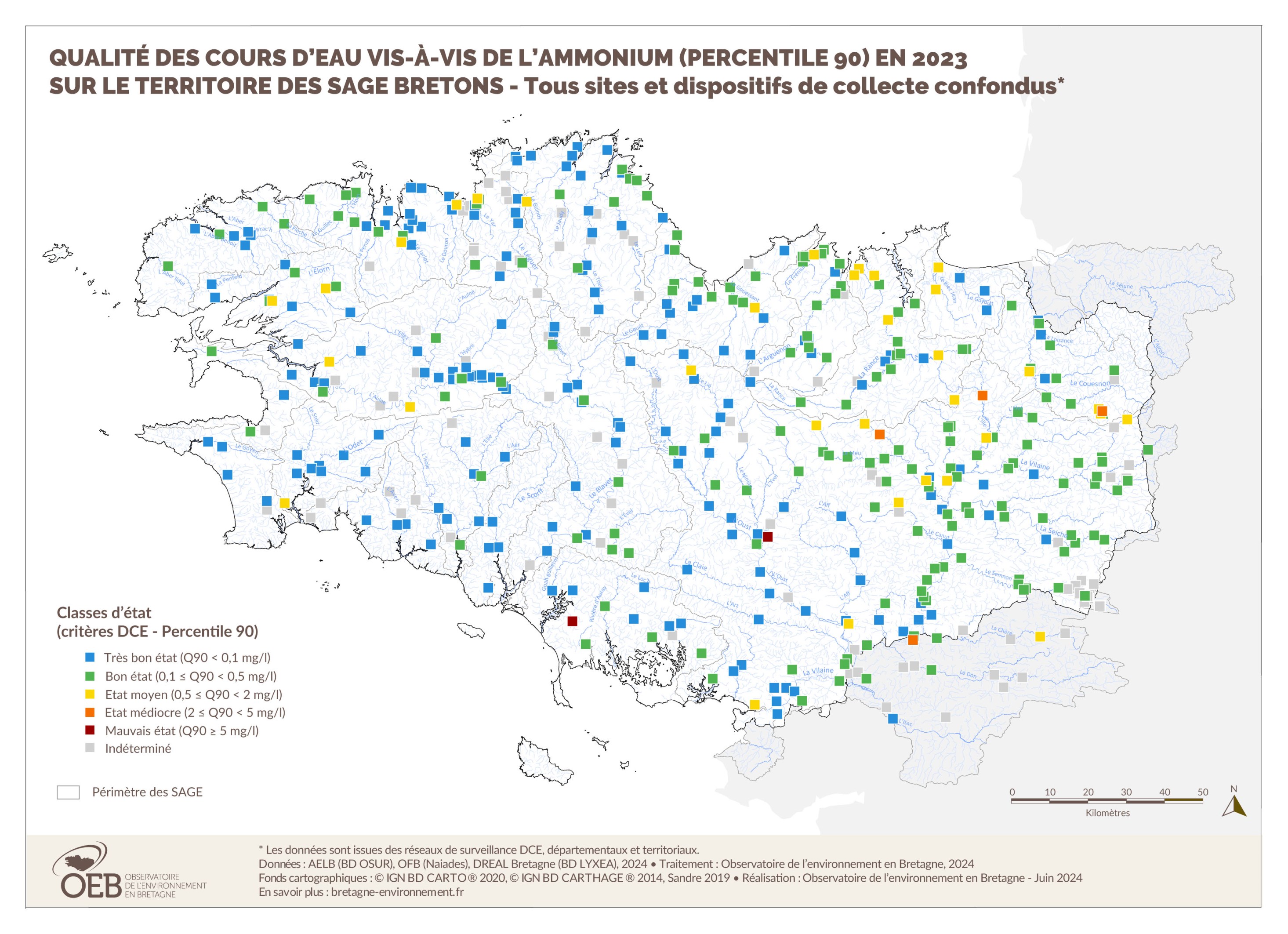 Qualité des cours d'eau bretons vis-à-vis de l'ammonium (Q90) en 2023