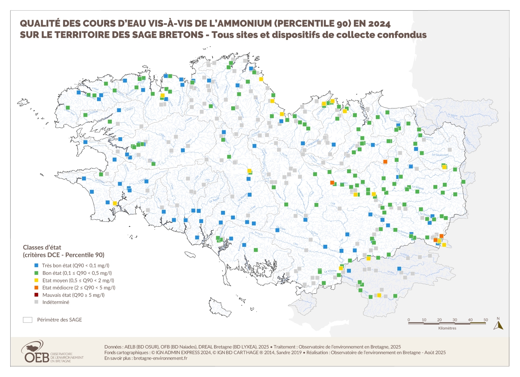 Qualité des cours d'eau bretons vis-à-vis de l'ammonium (Q90) en 2023