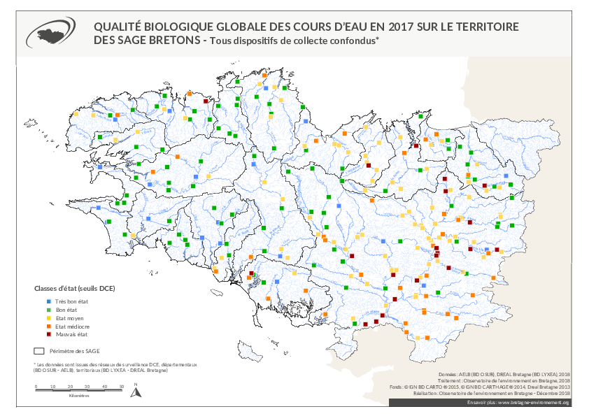 Qualité biologique globale des cours d'eau bretons en 2017