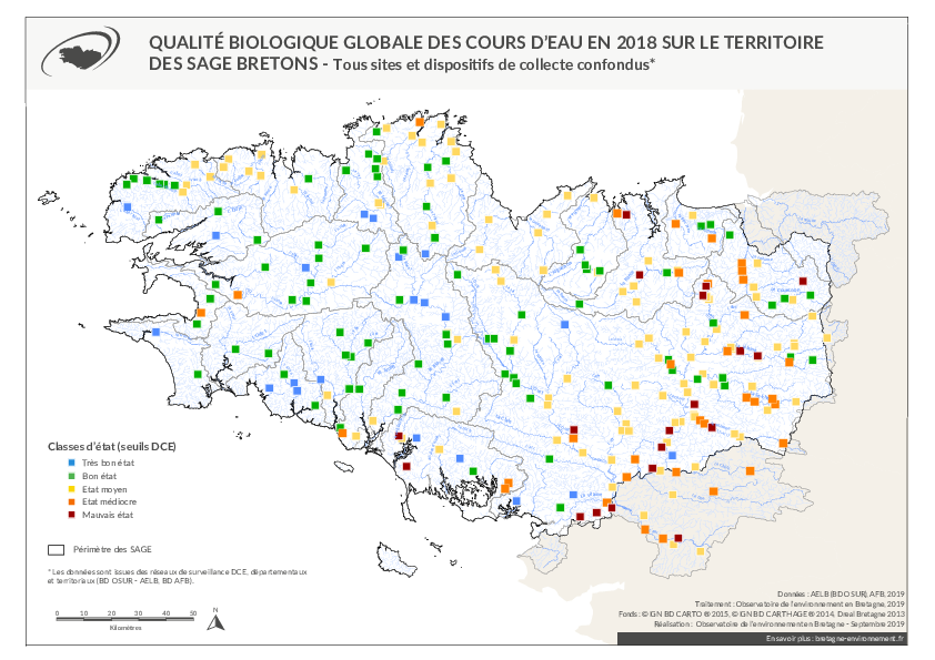 Qualité biologique globale des cours d'eau bretons en 2018