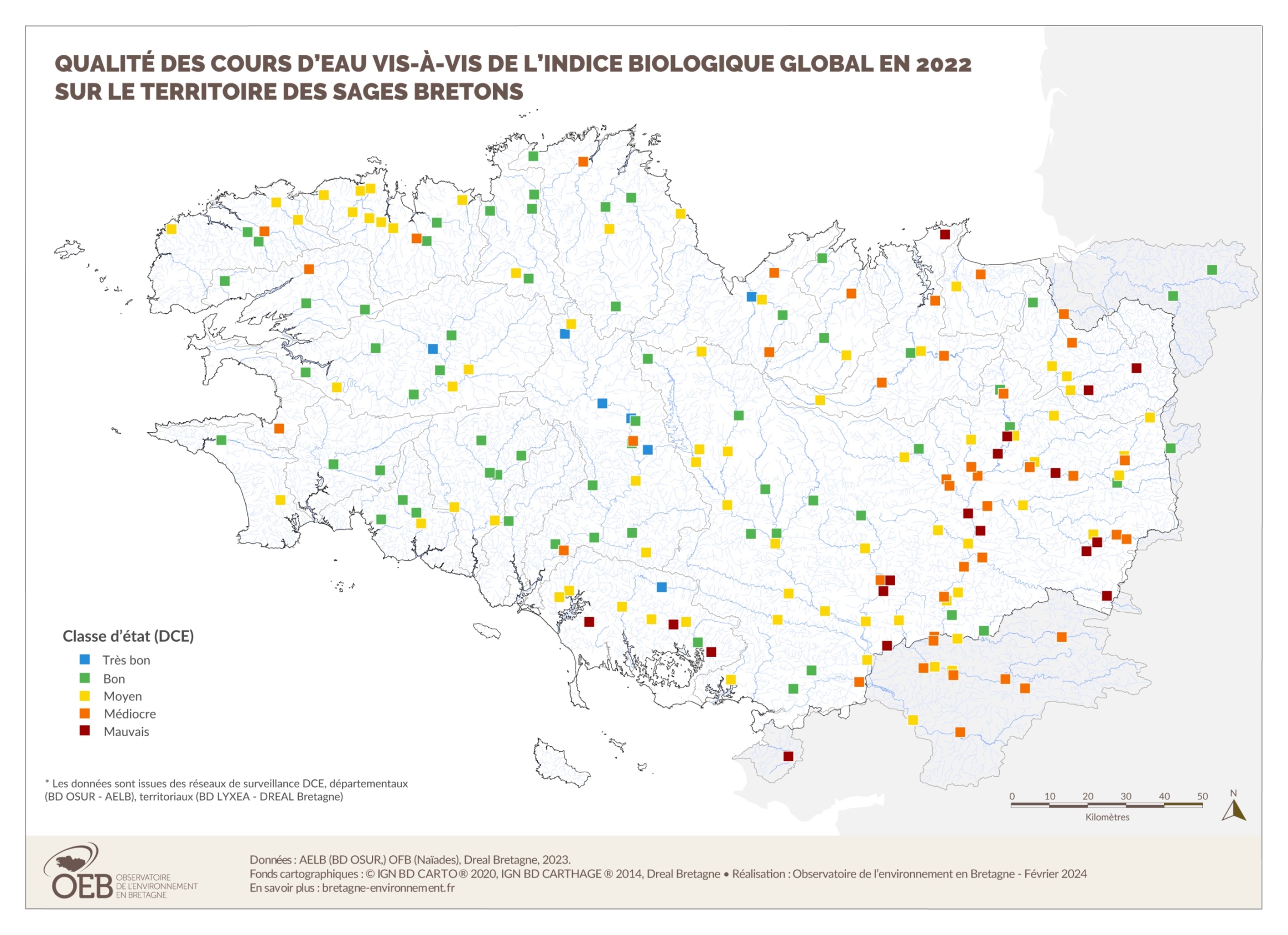 Qualité biologique globale des cours d'eau bretons en 2022