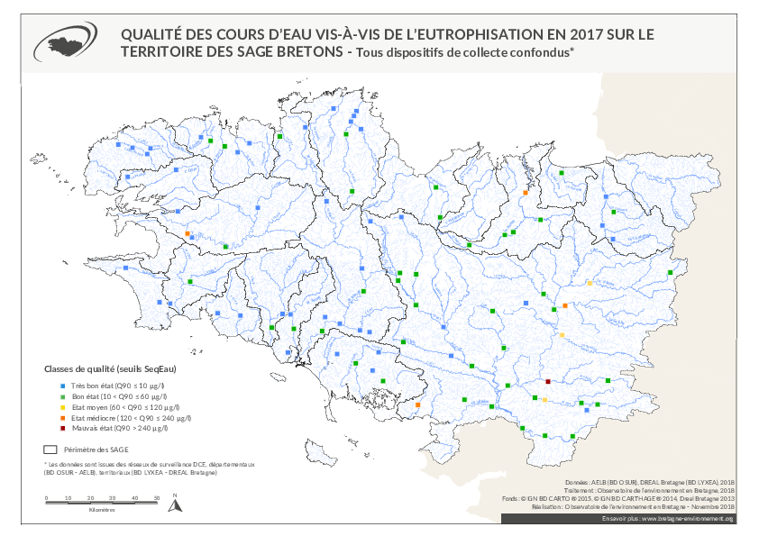 Qualité des cours d'eau vis-à-vis de l'eutrophisation en 2017 - Tous dispositifs de collecte confondus