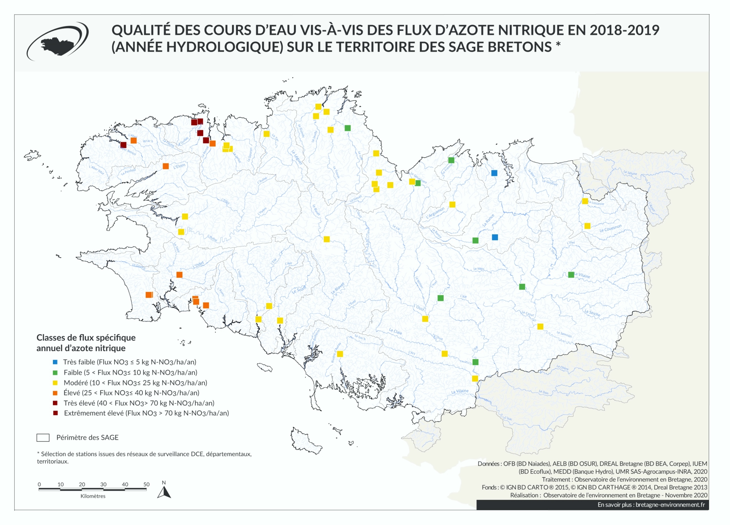 Qualité des cours d'eau bretons vis-à-vis des flux d'azote nitrique en 2018-2019