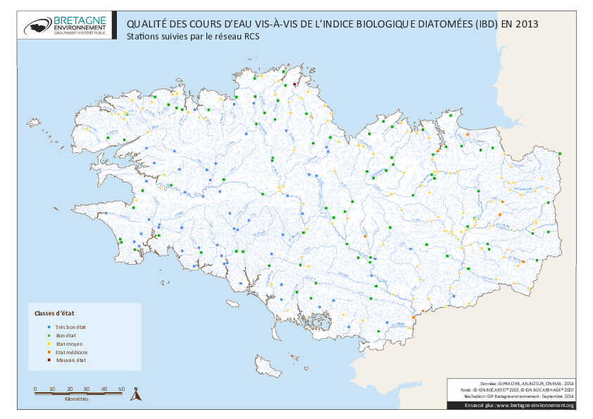 Qualité des cours d'eau bretons vis-à-vis de l'indice biologique diatomées (IBD) en 2013