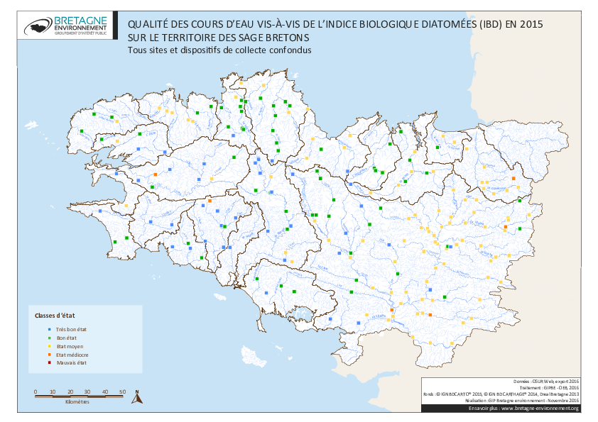 Qualité des cours d'eau bretons vis-à-vis de l'indice biologique diatomées (IBD) en 2015