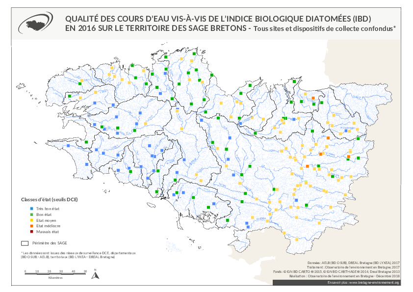 Qualité des cours d'eau bretons vis-à-vis de l'indice biologique diatomées (IBD) en 2016