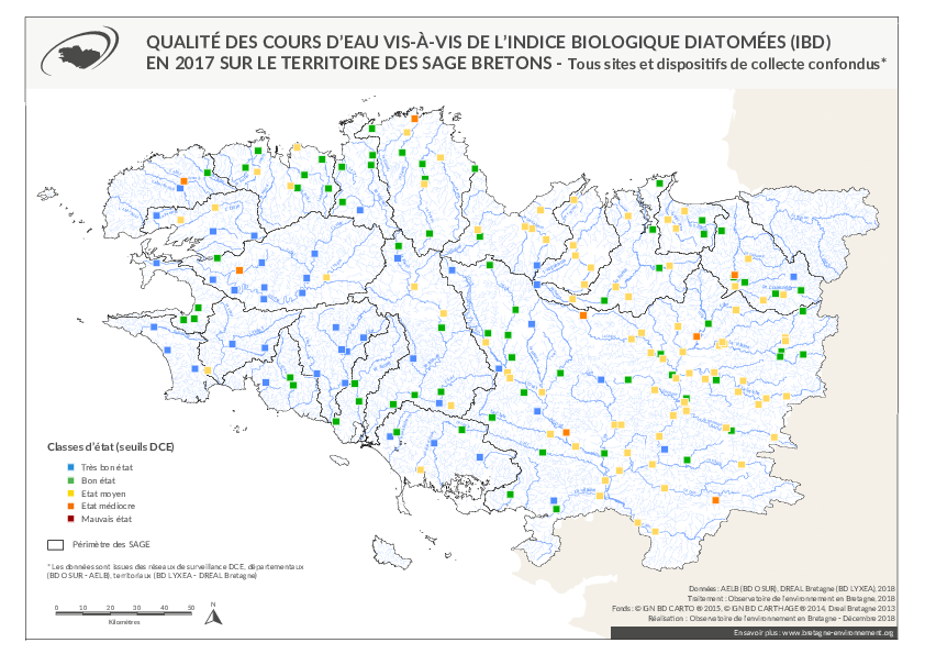 Qualité des cours d'eau bretons vis-à-vis de l'indice biologique diatomées (IBD) en 2017