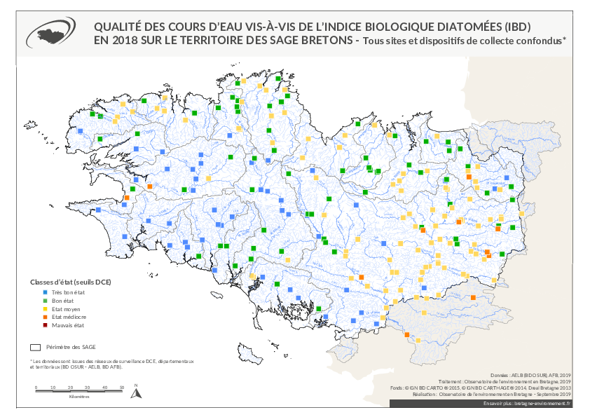 Qualité des cours d'eau bretons vis-à-vis de l'indice biologique diatomées (IBD) en 2018