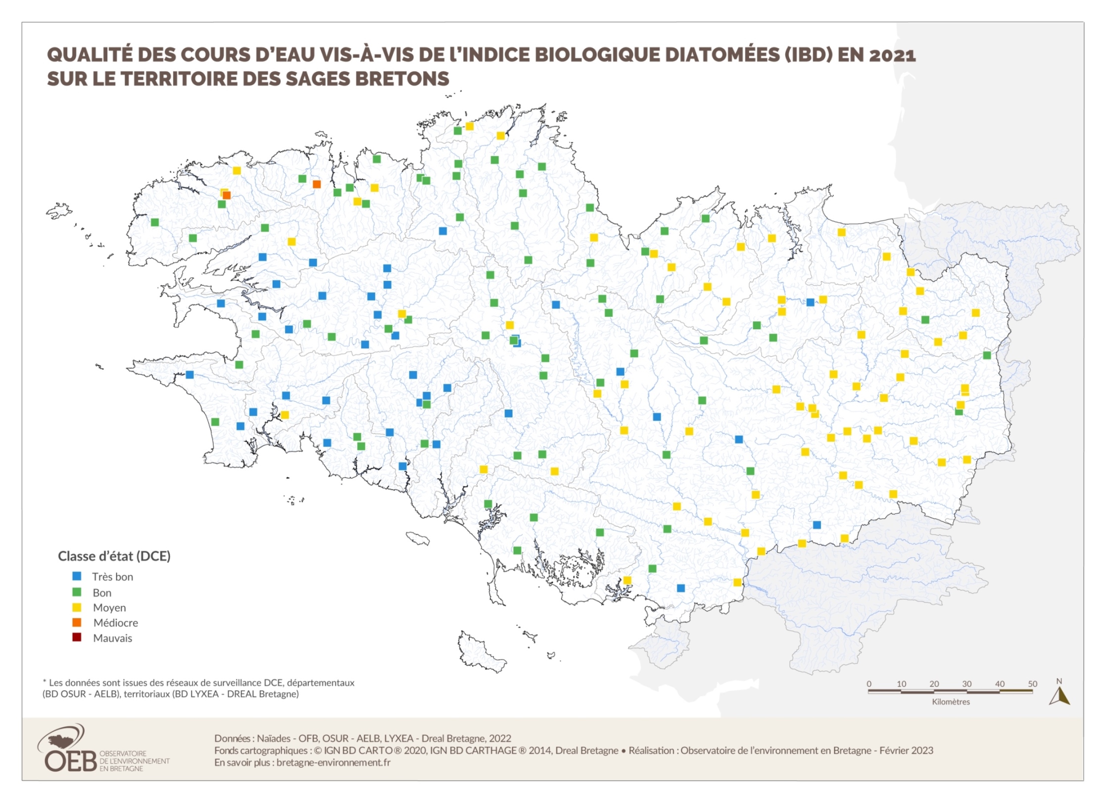 Qualité des cours d'eau bretons vis-à-vis de l'indice biologique diatomées (IBD) en 2021 Qualité des cours d'eau bretons vis-à-vis de l'indice biologique diatomées (IBD) en 2021