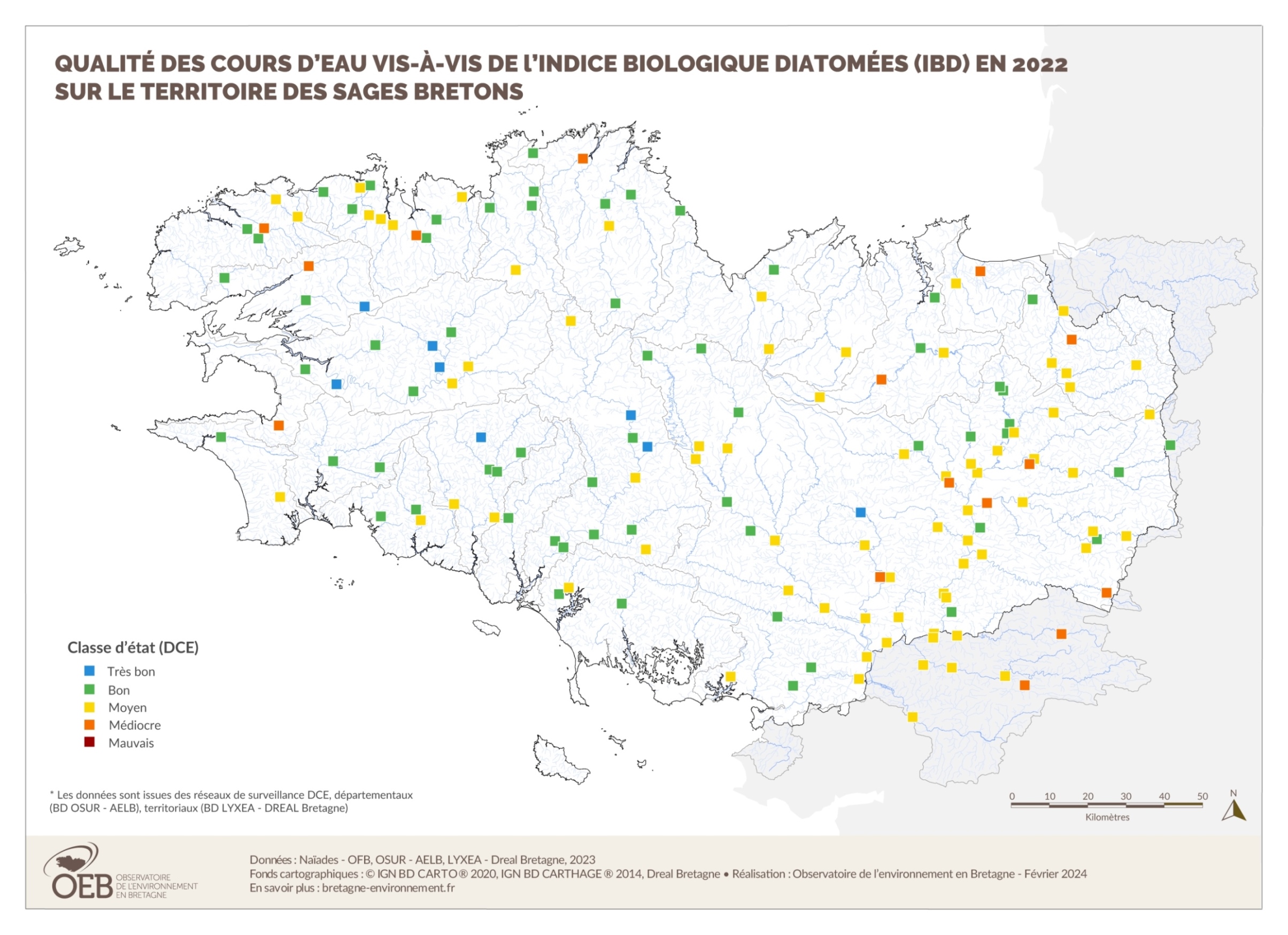 Qualité des cours d'eau bretons vis-à-vis de l'indice biologique diatomées (IBD) en 2022