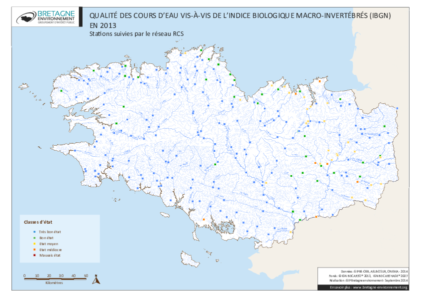 Qualité des cours d'eau bretons vis-à-vis de l'indice macro-invertébrés (IBGN) en 2013