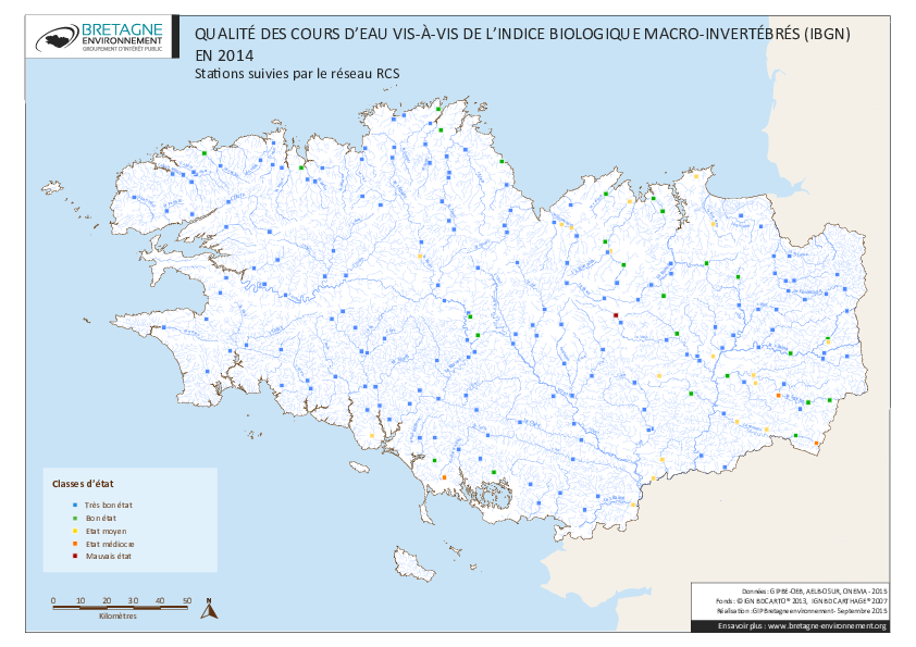 Qualité des cours d'eau bretons vis-à-vis de l'indice macro-invertébrés (IBGN) en 2014