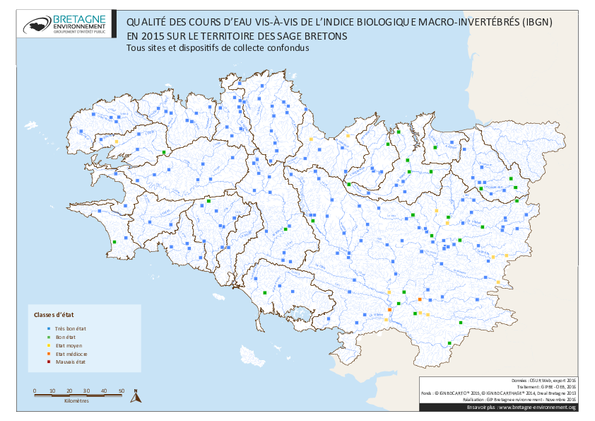 Qualité des cours d'eau bretons vis-à-vis de l'indice macro-invertébrés (IBGN) en 2015