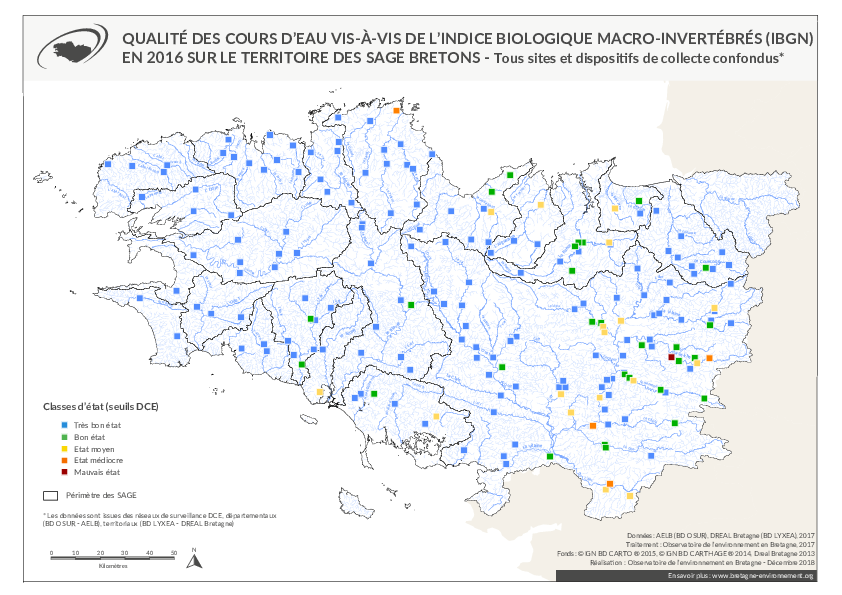 Qualité des cours d'eau bretons vis-à-vis de l'indice macro-invertébrés (IBGN) en 2016