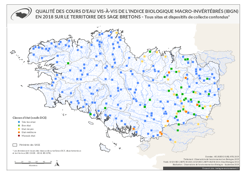 Qualité des cours d'eau bretons vis-à-vis de l'indice macro-invertébrés (IBGN) en 2018