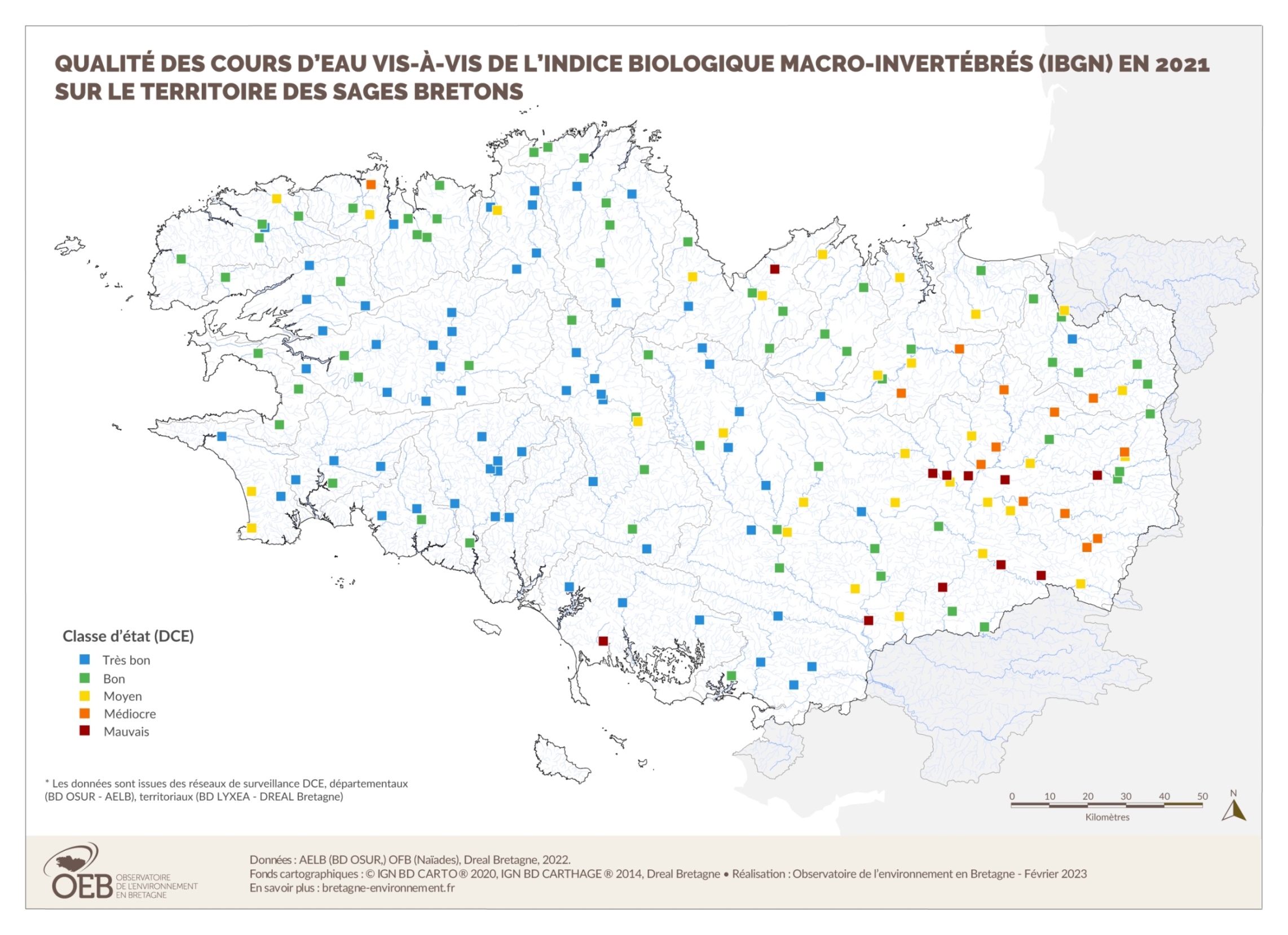 Qualité des cours d'eau bretons vis-à-vis de l'indice macro-invertébrés (IBGN) en 2021 Qualité des cours d'eau bretons vis-à-vis de l'indice macro-invertébrés (IBGN) en 2021