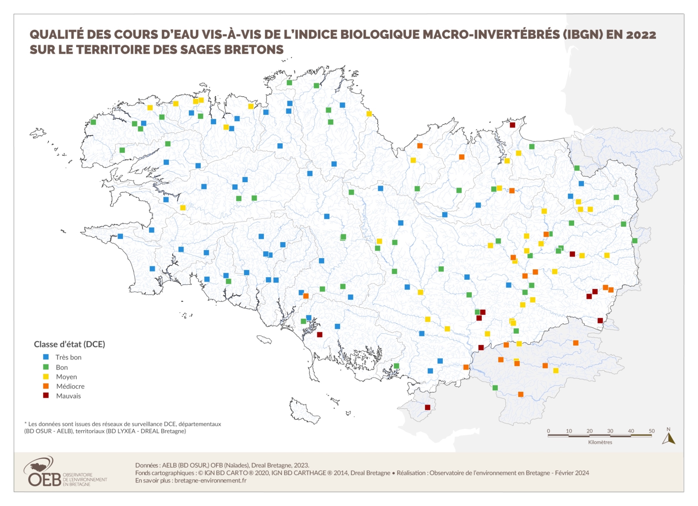 cours d'eau bretons vis-à-vis de l'indice macro-invertébrés (IBGN) en 2022