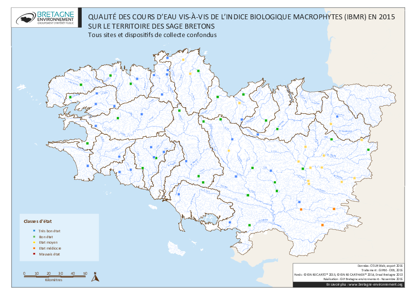 Qualité des cours d'eau bretons vis-à-vis de l'indice biologique macrophytes (IBMR) en 2015