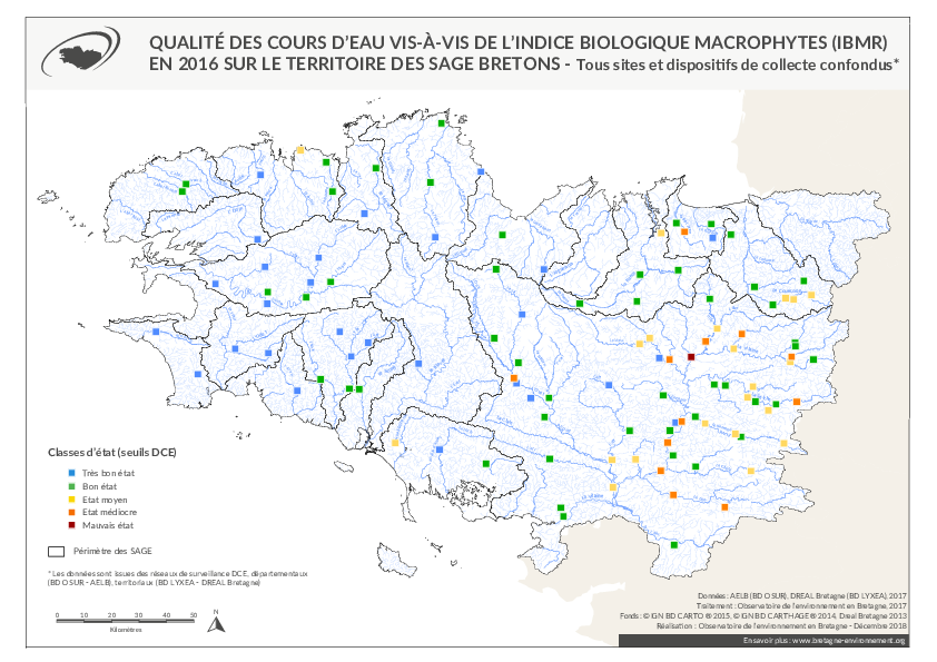 Qualité des cours d'eau bretons vis-à-vis de l'indice biologique macrophytes (IBMR) en 2016