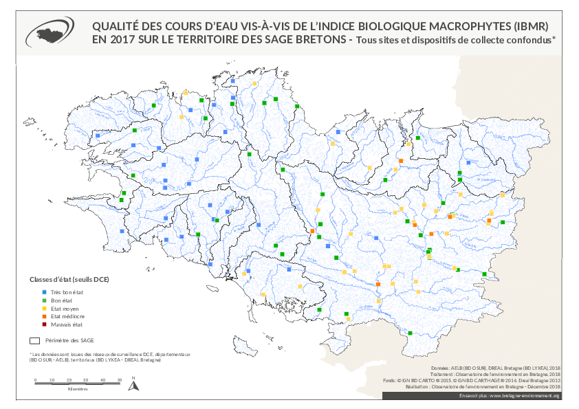 Qualité des cours d'eau bretons vis-à-vis de l'indice biologique macrophytes (IBMR) en 2017