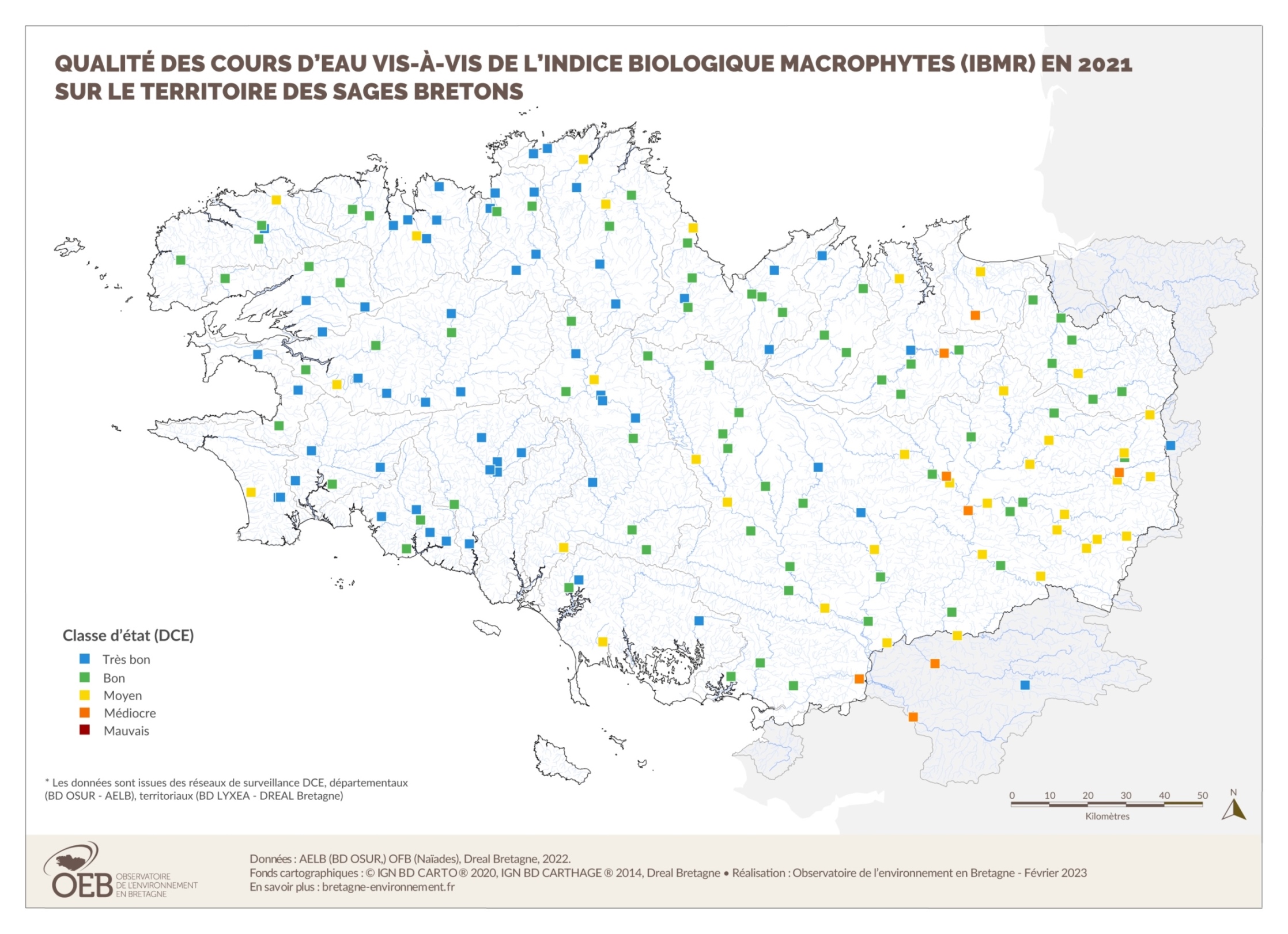 Qualité des cours d'eau bretons vis-à-vis de l'indice biologique macrophytes (IBMR) en 2021