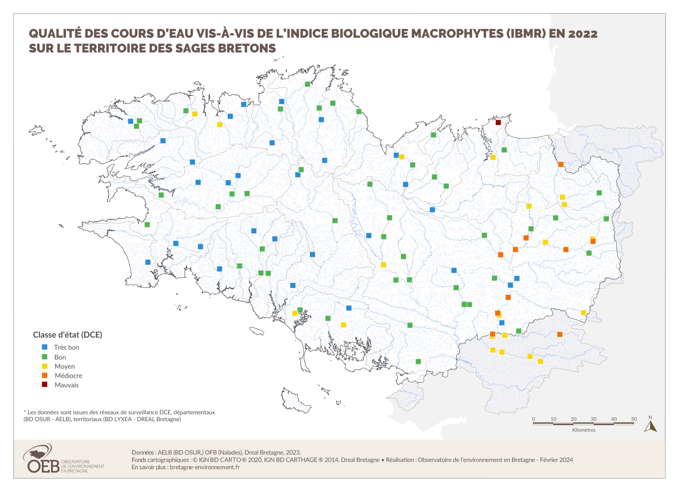 Qualité des cours d'eau bretons vis-à-vis de l'indice biologique macrophytes (IBMR) en 2022