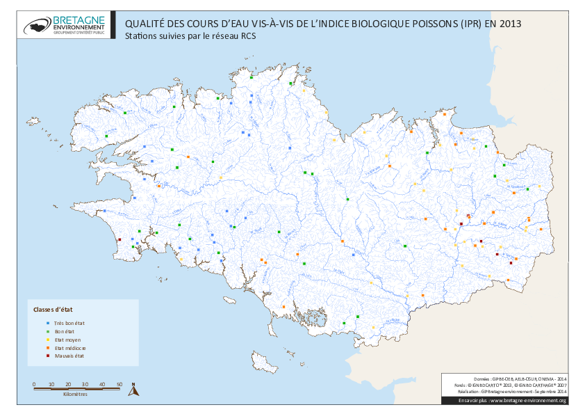 Qualité des cours d'eau bretons vis-à-vis de l'indice poissons (IPR) en 2013