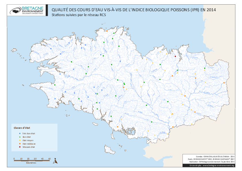 Qualité des cours d'eau bretons vis-à-vis de l'indice poissons (IPR) en 2014
