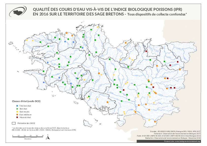 Qualité des cours d'eau bretons vis-à-vis de l'indice poissons (IPR) en 2016