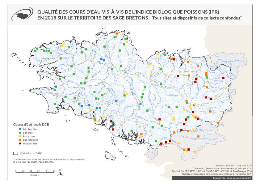 Qualité des cours d'eau bretons vis-à-vis de l'indice poissons (IPR) en 2018