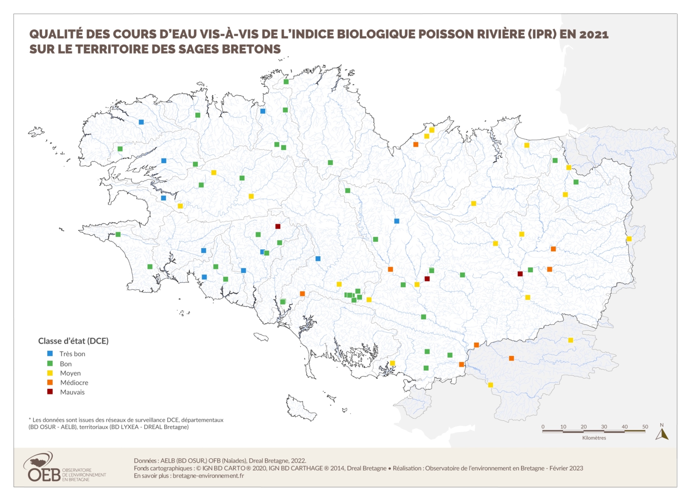 Qualité des cours d'eau bretons vis-à-vis de l'indice poissons (IPR) en 2021
