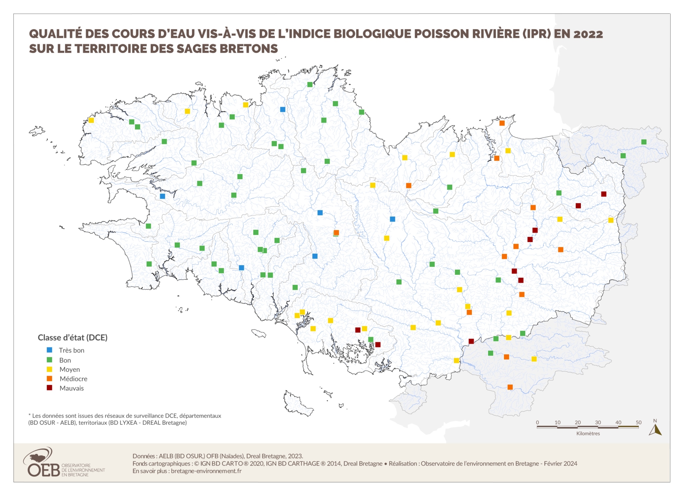 Qualité des cours d'eau bretons vis-à-vis de l'indice poissons (IPR) en 2022