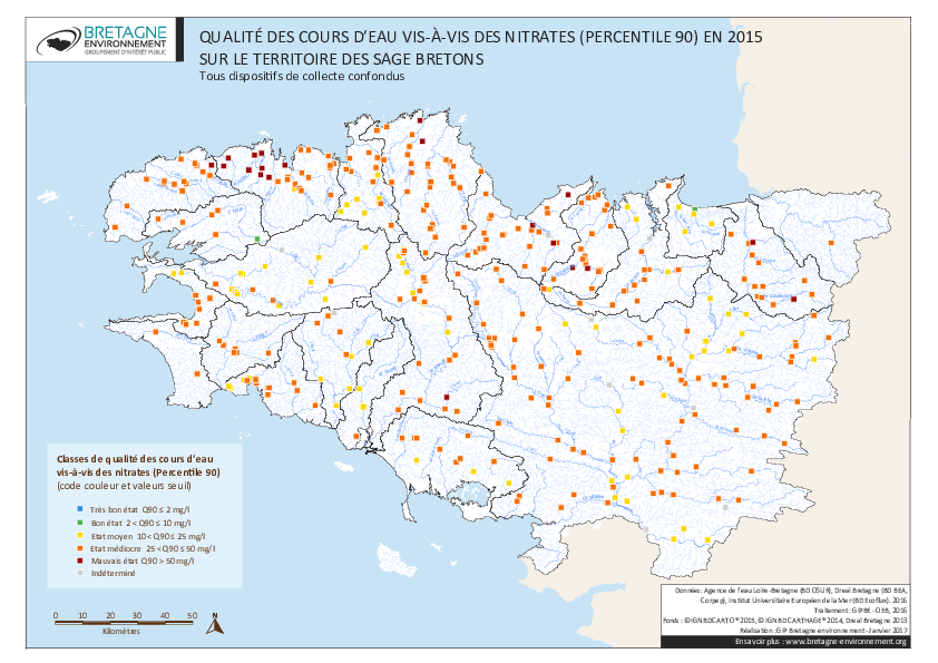 Qualité des cours d'eau bretons vis-à-vis des nitrates (Q90) en 2015